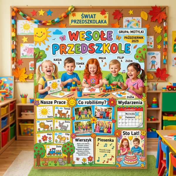 Preschool poster titled Wesołe Przedszkole with children’s names, drawings, photos, and calendar events